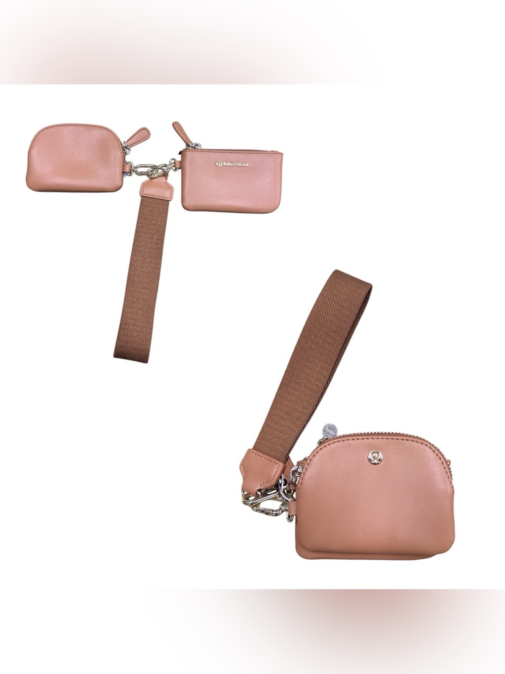 lululemon athletica Blush Pink Double Pouch Wristlet with Brown Strap